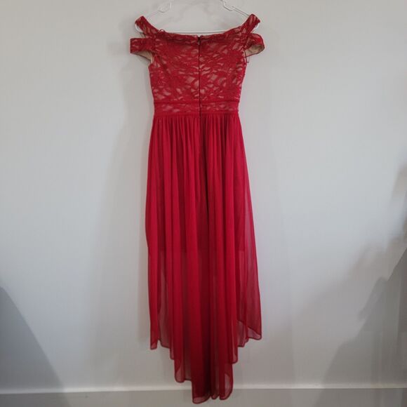 Morgan And Co Womens Off Shoulder Dress Size 3 Red Floral Lace Glitter Formal - Picture 3 of 8